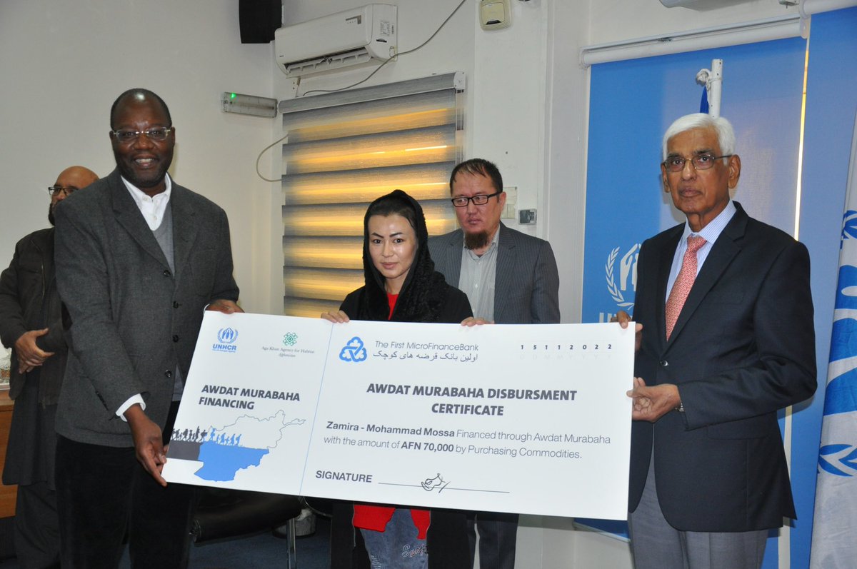 Grants and Microfinance Initiative Launch: Afghan displaced people set for financial inclusion after UNHCR &amp; Aga Khan Development Network’s First Microfinance Bank of Afghanistan disbursed loans to initial five beneficiaries, including three women. Proud to promote self-reliance.