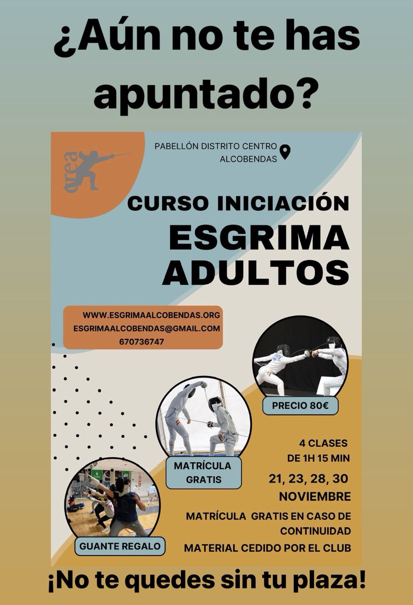 esgrimaCREA's tweet photo. 🤺 Nuevo curso de iniciación a la esgrima el próximo 22 de noviembre 🤺
Reserva tu plaza ➡️  https://t.co/Y3hM2ziS6m

#esgrima #alcobendas #alcobendasesdeporte https://t.co/7htUjuMA5O
