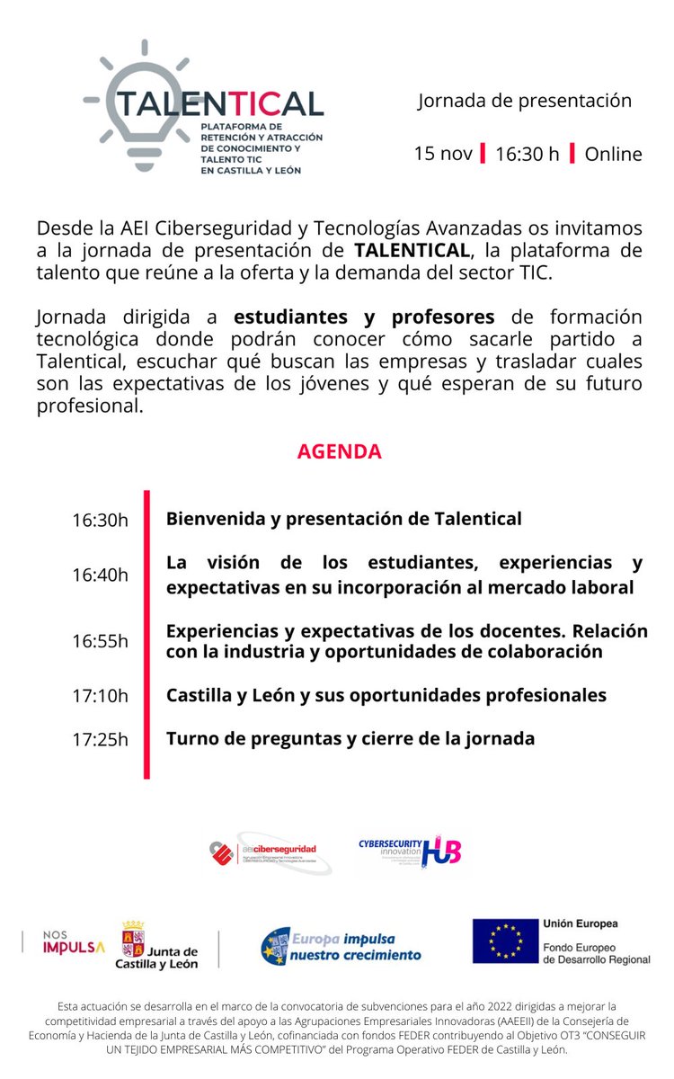 A las 16.30h tenemos una cita con #estudiantes #docentes e #investigadores para presentar la plataforma de talento <a href="/Talentical_TIC/">Talentical</a> y charlar sobre incorporación al mercado, qué demandan las empresas y la perspectiva de los centros de formación. Inscríbete:…al_estudiantes_docentes.eventbrite.es