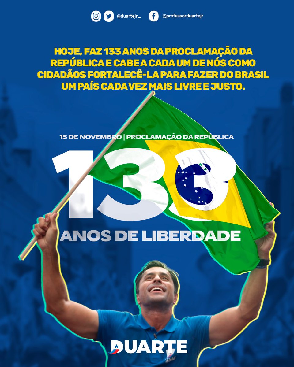 Duartejr7070's tweet photo. Há 133 anos, o povo brasileiro decidiu pelo caminho da democracia e pelos valores republicanos. É isto que nos fortalece enquanto nação, por isso, devemos sempre defendê-los. 🇧🇷🇧🇷🇧🇷

#ChamaODuarte😎👊🏼 #BoraResolver✅ https://t.co/2e5YqVcX1S