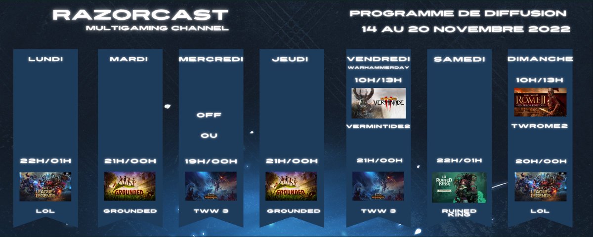 Razorcast_MC's tweet photo. Petit planning de diffusion de la semaine :D https://t.co/lEKcrmO5oy