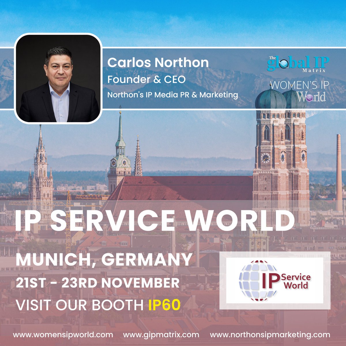 WomensIPWorld1's tweet photo. The Global IP Matrix & Women's IP World are official media partners for IP Service World in Munich, from the 21st - 23rd, November
Visit our Managing Director Carlos Northon at our booth (IP60) to discuss how our innovative and engaging platforms can help you!
#IPServiceWorld https://t.co/nObkrjkuYk