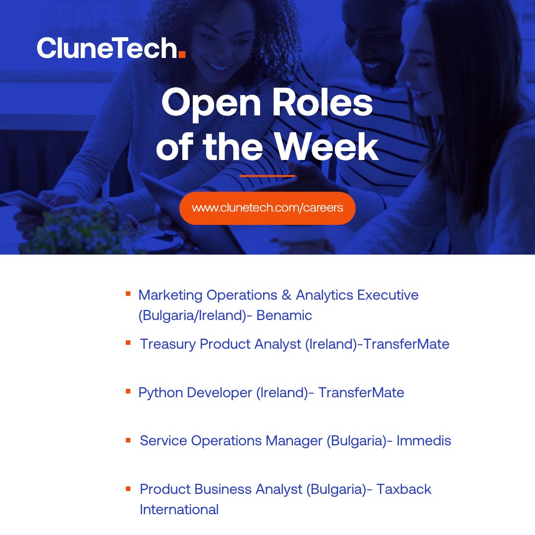 CluneTech's tweet image. Open Roles of the Week. CluneTech are hiring!
Join our technology hub and support entrepreneurial leaders and fantastic new businesses with solutions that make business better. Here are just some of the exciting opportunities currently available in CluneTech.
#FinTech #CluneTech