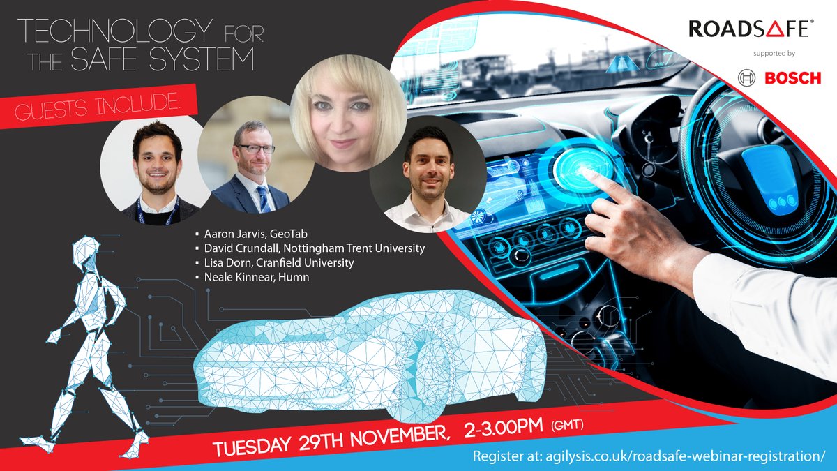 Just two weeks to go until the final part of this year's @RoadSafeGlobal 'Traffic Technology for the Safe System' webinar series. Join @reedmobility and panellists from @GEOTAB @TrentUni @humn_ai & @CranfieldUni 29/11 at 2.00pm GMT Register here: agilysis.co.uk/roadsafe-webin…