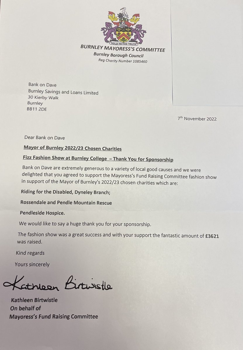 FishwickDavid's tweet photo. Bank of Dave has just helped raise thousands of pounds for Rossendale &amp; Pendle Mountain Rescue,
Pendle Hospice and Riding For The Disabled.
We received this lovely thank you letter from Kathleen Birtwistle &amp; the Mayoress
@burnleycouncil
#BankofDave are very happy we could help https://t.co/83nuFBsi8A
