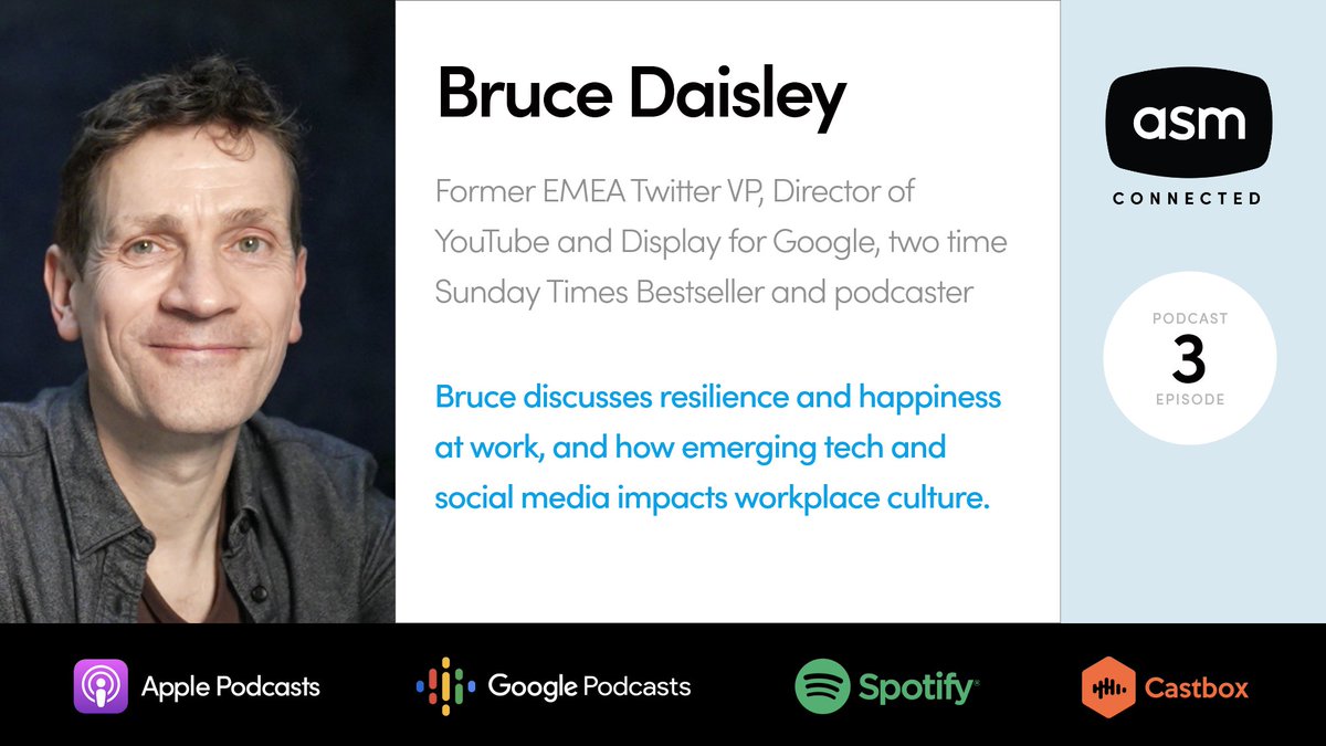 ASMTechnologies's tweet image. The latest episode of #ASMConnected with @brucedaisley is live. Bruce is the former EMEA Twitter VP and Director of Display and YouTube for Google.

He shares insights about #resilience &amp;amp; happiness at work &amp;amp; how #emergingtech impacts #workplaceculture: s.asmtech.com/bruce-daisley