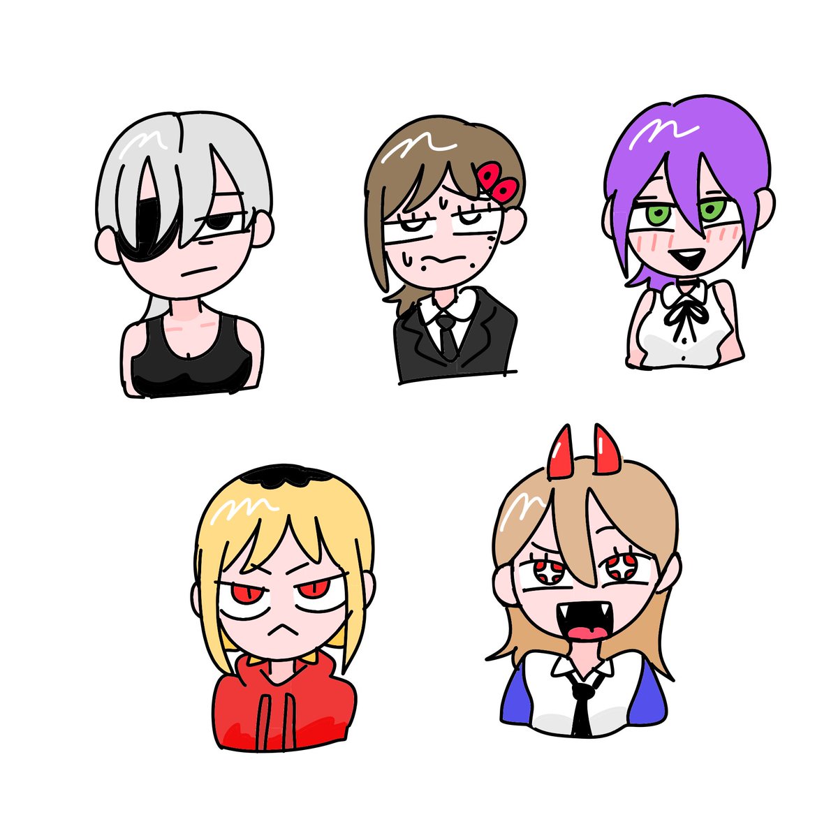 higashiyama kobeni ,power (chainsaw man) ,reze (chainsaw man) eyepatch multiple girls horns cross-shaped pupils black necktie blonde hair necktie  illustration images