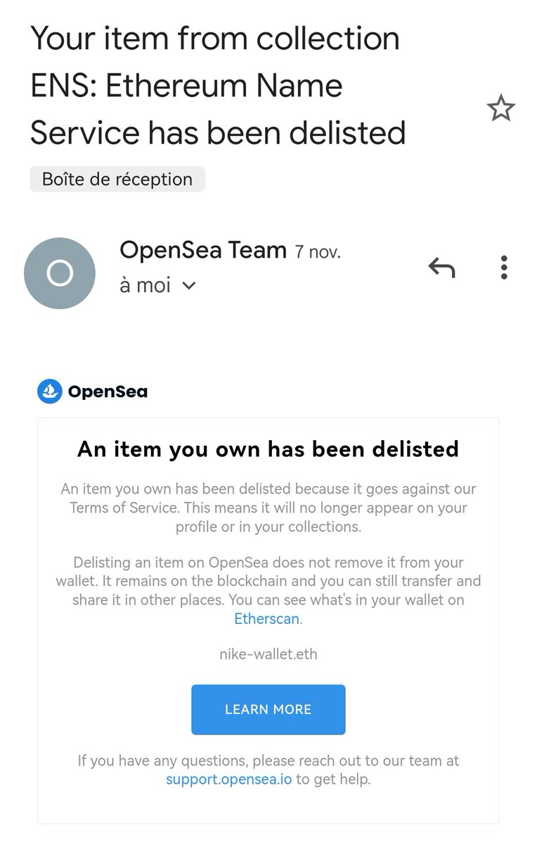 Hey <a href="/opensea/">OpenSea</a>  why did you delist my #ens nike-wallet.eth, I don't understand, there are hundreds of domain names with nike on your platform.
<a href="/Nike/">Nike</a> are you there for something?