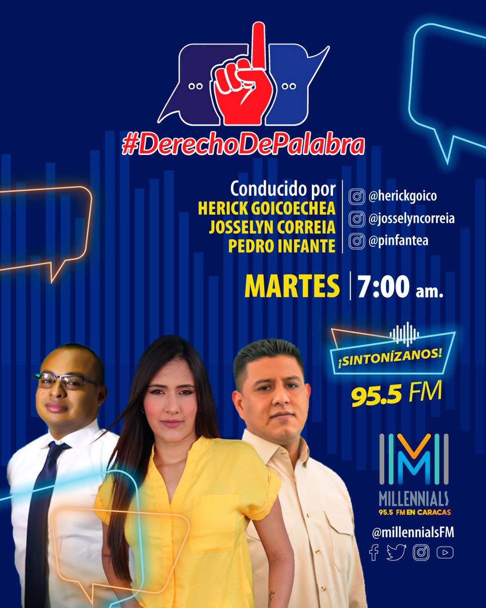 millennialsfm's tweet photo. #BuenosDías | Nuestro Team informativo de #MillennialsFM conducido por @pinfantea @herickgoico y @josselyncorreia estarán contigo todos los #martes desde las 7:00 am☕ con noticias, entrevistas de opinión, debates de las tendencias digitales y mucho más. 

Por @millennialsfm 📻 https://t.co/QuewUL1NU0