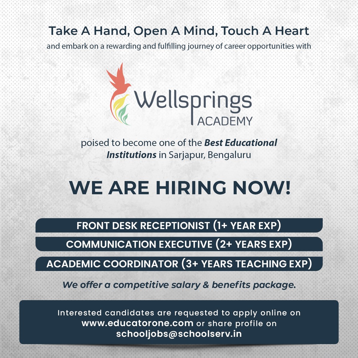 subhashiniKaku1's tweet photo. We are Hiring now !!!!!
Front desk Receptionist,
Communication Executive,
Academic Coordinator,
Interested candidates are requested to apply on https://t.co/W6Cy6tQ5ku or share profile on schooljobs@schoolserv.in
#hiringnow #schoolserv #schooljobs #bangalorejobs #bangalore https://t.co/lcBBFSwRiW