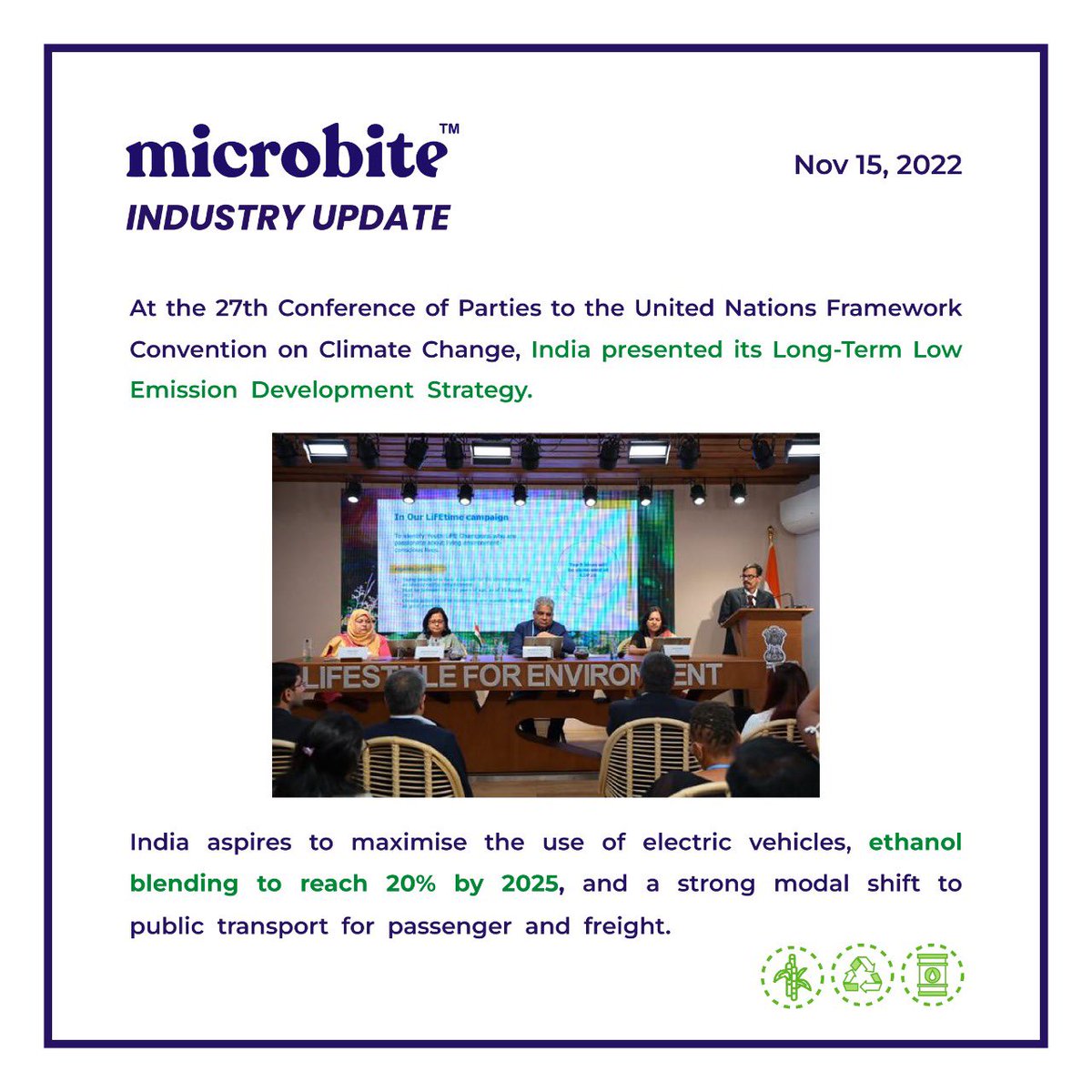 MicroBiteIn's tweet photo. At the 27th Conference of Parties to the United Nations Framework Convention on Climate Change, India presented its Long-Term Low Emission Development Strategy.

@UNFCCC 

#ethanol #microbite #biofuel #greenenergy #greenindia #climatechange #unclimatechange #sustainability https://t.co/4Cj8sHCioh