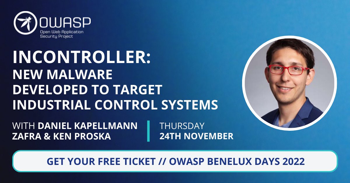 OWASP Netherlands (@owasp_nl) on Twitter photo Interested in #IndustrialControlSystems security? Join Daniel Kapellmann Zafra & Ken Proska as they present their analysis of INCONTROLLER #malware: eventbrite.com/e/owasp-benelu…
Only <a href="/owasp/">OWASP® Foundation</a> BeNeLux Days 2022 - Thursday 24th November - Tilburg, NL | #cybersecurity #appsec Interested in #IndustrialControlSystems security? Join Daniel Kapellmann Zafra & Ken Proska as they present their analysis of INCONTROLLER #malware: eventbrite.com/e/owasp-benelu…
Only <a href="/owasp/">OWASP® Foundation</a> BeNeLux Days 2022 - Thursday 24th November - Tilburg, NL | #cybersecurity #appsec