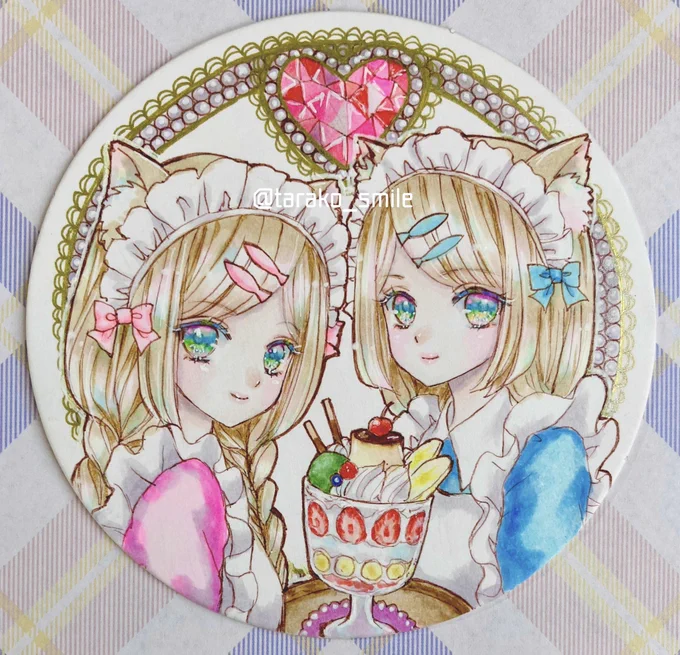 NEW真夜中の猫たちの集いで描いた双子猫ちゃんの獣耳カフェver.『プリンパフェ』とミニキャラver.『パジャマパーティー』完成ですコピック用コースターに描いてます#獣耳カフェの甘い誘惑 