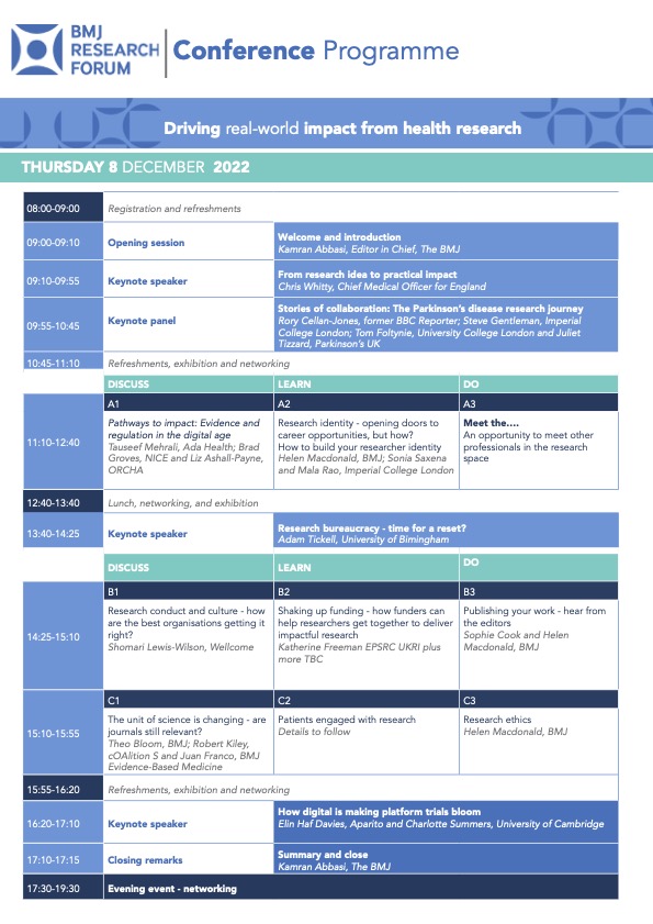Dr Helen Surana (@hjsurana) on Twitter photo Our inaugural BMJ Research programme. In image form here or on bmjresearchforum.bmj.com DMs are open or email me if you are interested in coming and I might be able to help with a discount code✔️. @PaulWicks <a href="/SarahHughesSLT/">Dr Sarah Hughes</a> <a href="/TheoBloom/">Theodora Bloom</a> <a href="/CMO_England/">Professor Chris Whitty</a> and many more Our inaugural BMJ Research programme. In image form here or on bmjresearchforum.bmj.com DMs are open or email me if you are interested in coming and I might be able to help with a discount code✔️. @PaulWicks <a href="/SarahHughesSLT/">Dr Sarah Hughes</a> <a href="/TheoBloom/">Theodora Bloom</a> <a href="/CMO_England/">Professor Chris Whitty</a> and many more