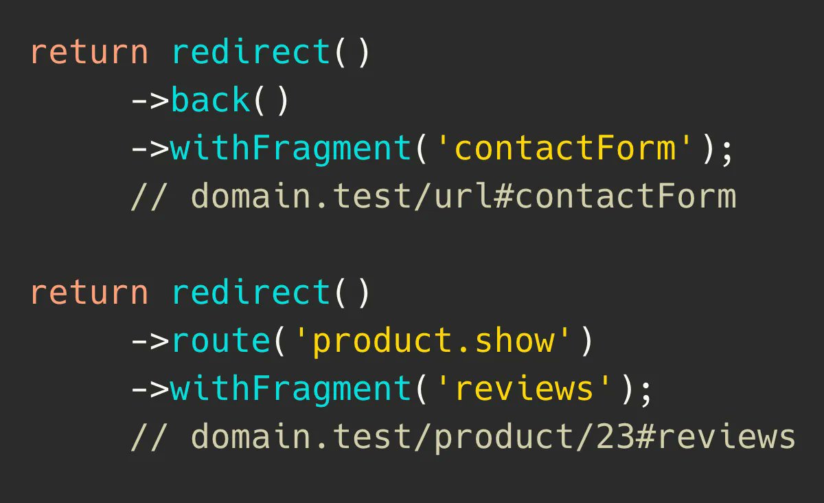 PovilasKorop's tweet image. Laravel tip. Did you know you can add a URI fragment when redirecting to a route in Laravel?