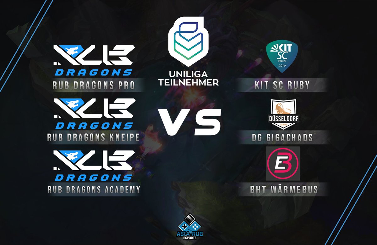 Spieltag <a href="/uniligaGG/">Uniliga</a> unserer Dragons mit den Matches:

R/UB Dragons Pro vs <a href="/kitscesports/">KIT SC eSports</a> 
R/UB Dragons Kneipe vs <a href="/ddorf_gaming/">Düsseldorf Gaming</a>
R/UB Dragons Academy vs @bbesports_ev 

Start: Heute, 20.00 Uhr

#GODragons #uniliga #LOL #RUB