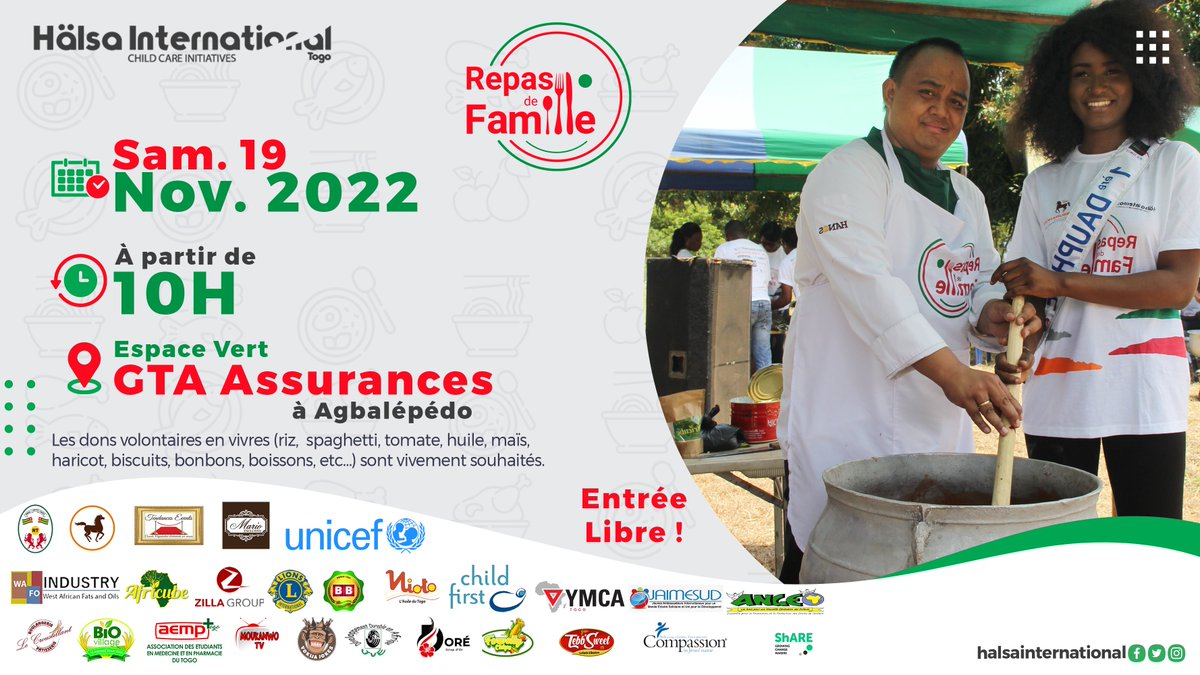 Halsa_IntTogo's tweet photo. Ensemble favorisons l'inclusion des enfants en participant au #RepasdeFamille ce Sam.19 nov 22 à 10h à GTA Assurances organisés en prélude à la journée internationale des droits de l'enfant.

#UnEnfantUnefamille #droitsdesenfants #TT228 #Togo #childrenrights #halsainternational https://t.co/tx26IryAnD