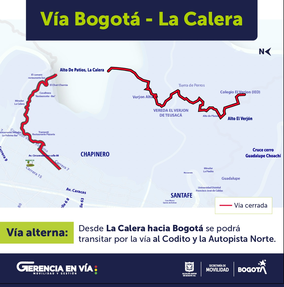 SectorMovilidad's tweet photo. 🚗Planea tu ruta en la Vía Bogotá - La Calera

🔴Debido a la emergencia invernal tenemos estos dos cierres viales.👇

🟢Los habitantes de La Calera que necesiten trasladarse a Bogotá, podrán hacerlo por la vía al Codito y la Autonorte. https://t.co/aPqbSH88DL