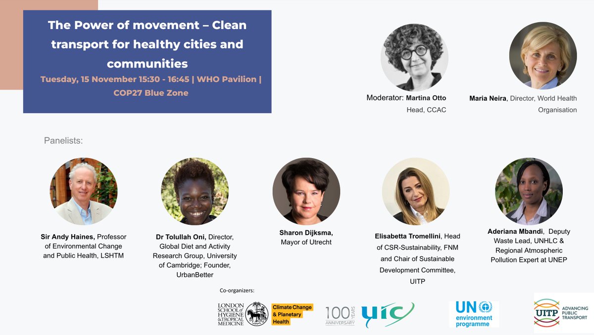 DrTolullah's tweet photo. Hot off the trails of @HCN_Network session on African climate and health priorities, join us at 1530 in the WHO Pavilion where I'll be speaking in the session on Clean transport for healthy cities and communities.
#Cop27 #cleanairCOP27 https://t.co/Anz76SZ8hx