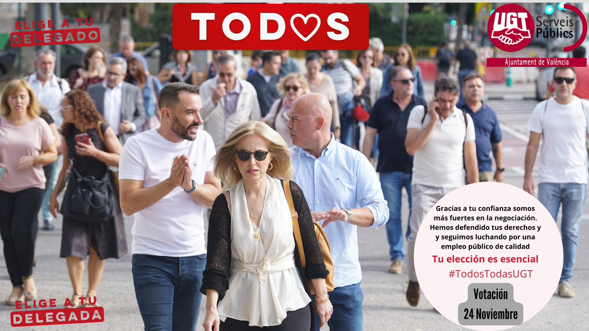 UgtAhoraVlc's tweet photo. 📢Comenzamos Campaña 

Gracias a tu confianza somos + fuertes en la negociación.
Hemos defendido tus derechos y seguimos luchando x un empleo público de calidad.
TU ELECCIÓN ES ESENCIAL. 
UGT Serveis Públics está contigo.  #todastodos #eligetudelegada #eligetudelegado
UGT🔂Tod♡s https://t.co/Lo0tt1R4V2