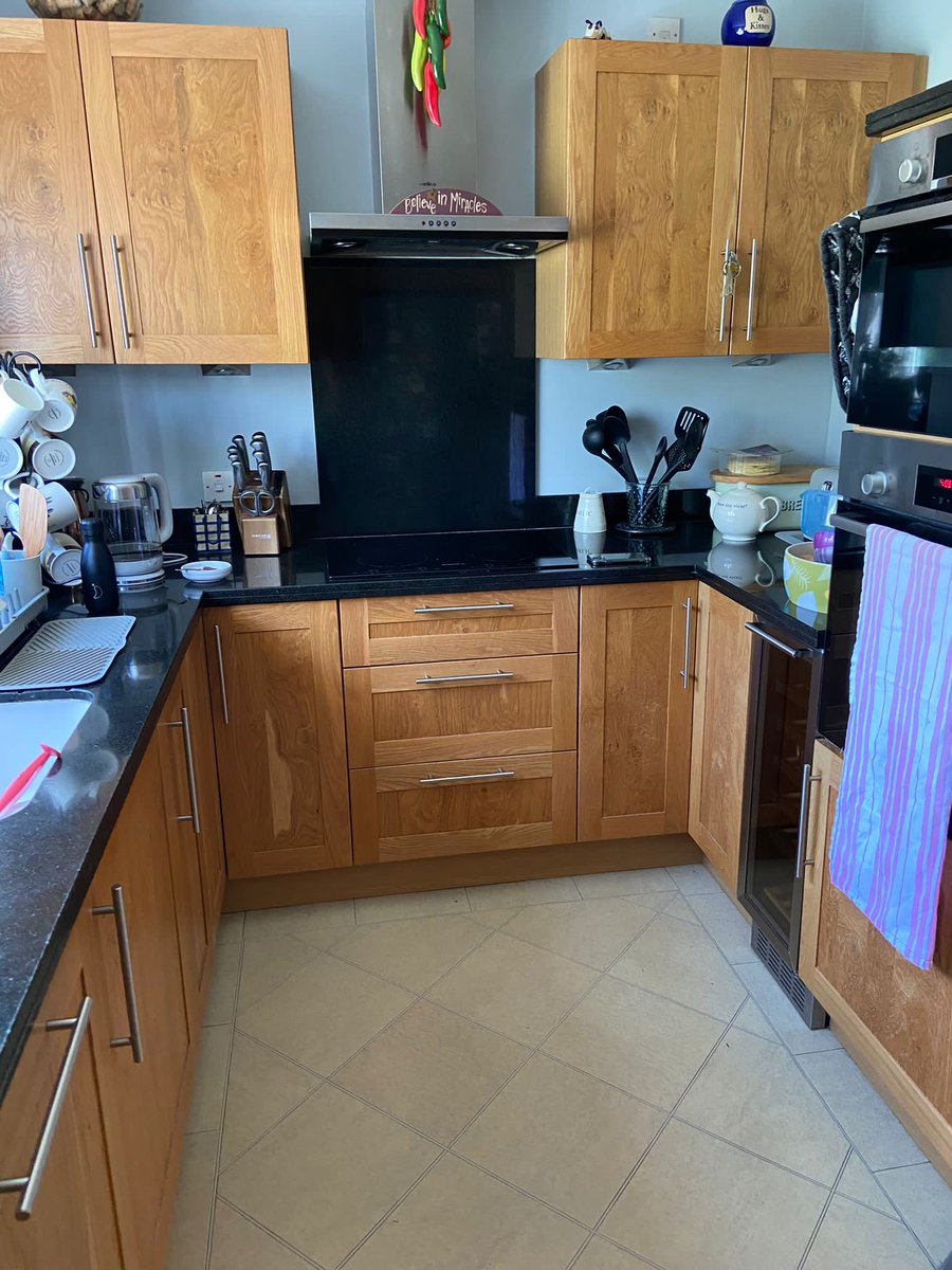 Prestigestag's tweet photo. Hand Painted Kitchen Finished last week. 

Same process as before. All cleaned sanded and primed using otex. 

Followed by 2 coats of scuff x satin mixed to dimpse from Farrow and ball colour range. https://t.co/PtadYPbdmi