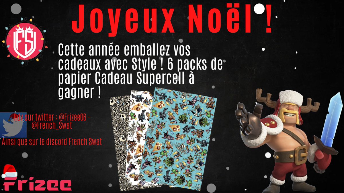 Salut à tous la team ! 

Permettez moi de vous souhaiter un joyeux noël en avance avec un cadeau tout droit venu des locaux de <a href="/supercell/">Supercell</a>  ! 

Pour participez  :
🔄RT
 ♥️ Like
Follow : <a href="/frizee06/">Frizee</a>  et <a href="/French_Swat/">French Swat</a> 

Pour plus de chance : discord.gg/eH2dr3JPBa  Salon Giveways ! 🎉
