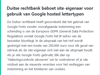 avgsteunpunt's tweet photo. Duitse rechtbank beboet site-eigenaar voor gebruik van Google hosted lettertypen.
#google #googlefonts #GDPR #avg https://t.co/BkUmcAxWXR