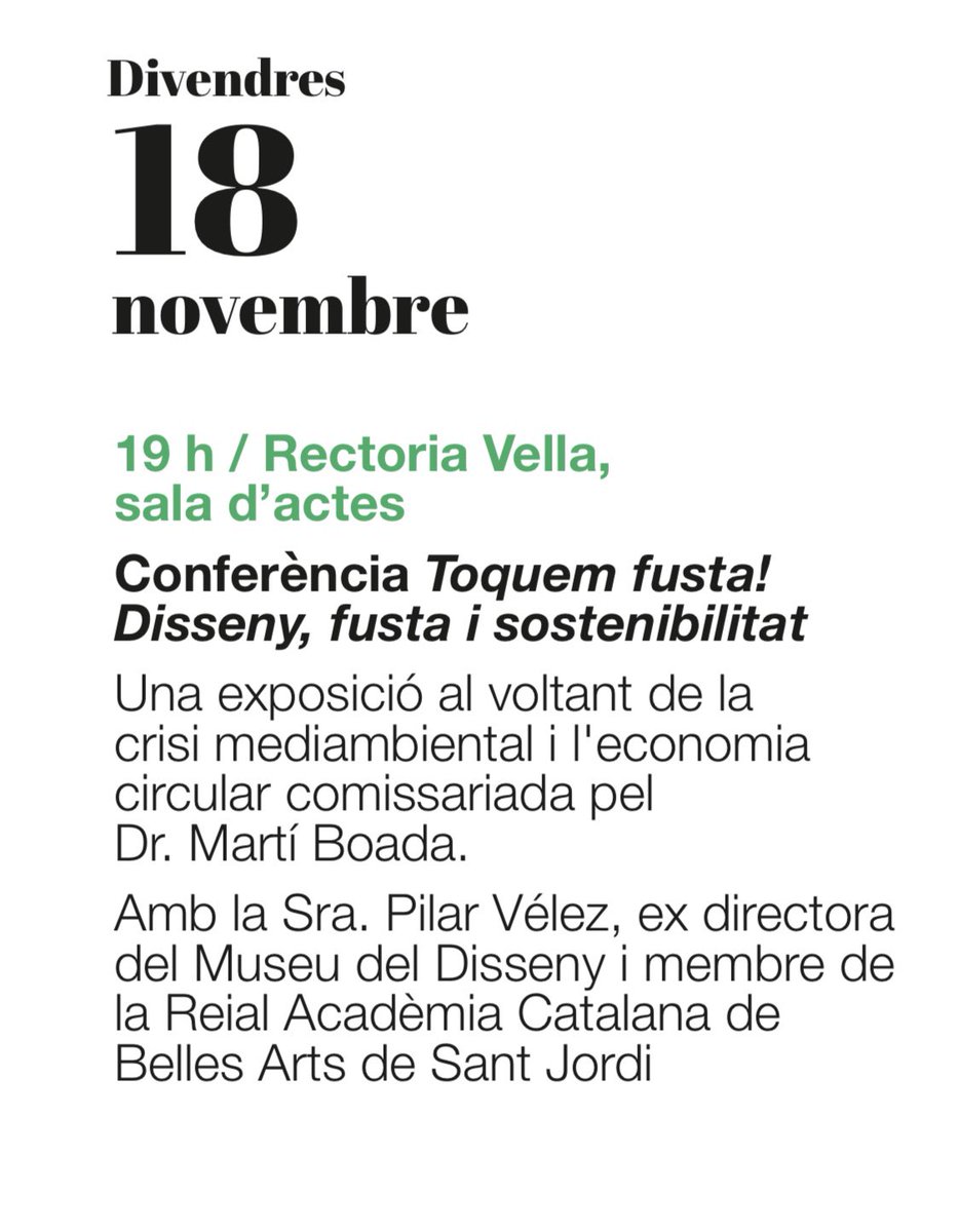 Aquest divendres 18 de novembre, en el marc de la VIII #SetmanadelBosc 👇

19 h / Rectoria Vella, sala d’actes.  Conferència Toquem fusta! Disseny, fusta i sostenibilitat. A càrrec de la Sra. Pilar Vélez. 

+ info santceloni.cat

#SomBosc #SantCeloniBosc <a href="/MartiBoada/">Martí Boada</a>