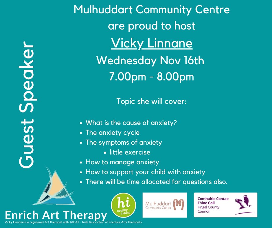 As part of Fingal Inclusion Week, Vicky Linnane @EnrichArt will be leading a talk on Anxiety here at Mulhuddart Community Centre on Wednesday Nov 16th from 7.00pm - 8.00pm all welcome. #inviteincludeinvolve @fingalcountycouncil @FingalPPN @EVENTSinFingal @fingalcommunity