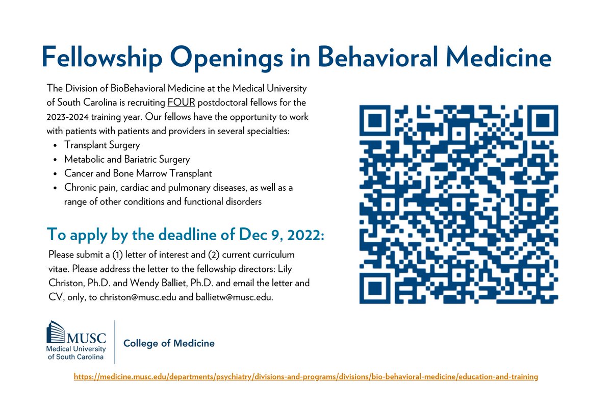 We’re still recruiting FOUR postdoctoral fellows at <a href="/MUSChealth/">MUSC Health</a> Division of BioBehavioral Medicine! We’re very excited about welcoming new fellows to our division!