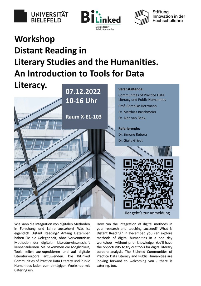 thiliel's tweet photo. Unser Workshop "Distant Reading in Literary Studies and the Humanities. An Introduction to Tools for Data Literacy" findet am 07.12.2022 von 10-16 Uhr an der @unibielefeld in Präsenz statt. Register here➡️ https://t.co/SjJoGMQxfg https://t.co/jdrsb5bR3p