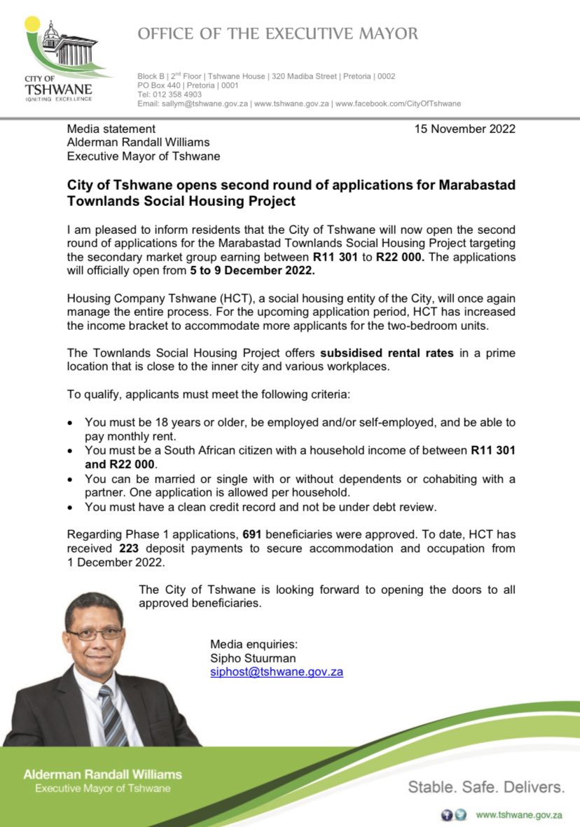 I’m pleased to inform residents that the City is opening the 2nd round of applications for Marabastad Townlands Social Housing Project. This time targeting residents earning between R11 301 to R22 000. Applications will officially open from 5 to 9 December 2022
