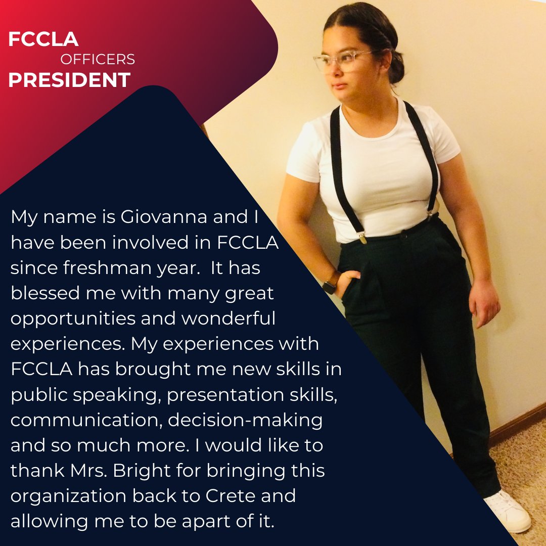 Please get to know your Crete FCCLA 2022-2023 President &amp; District Representative! Gia assists in leading and preparing for chapter meetings and activities as well as planning the district leadership conference. #NEFCCLA #CardinalPride #CreteCards