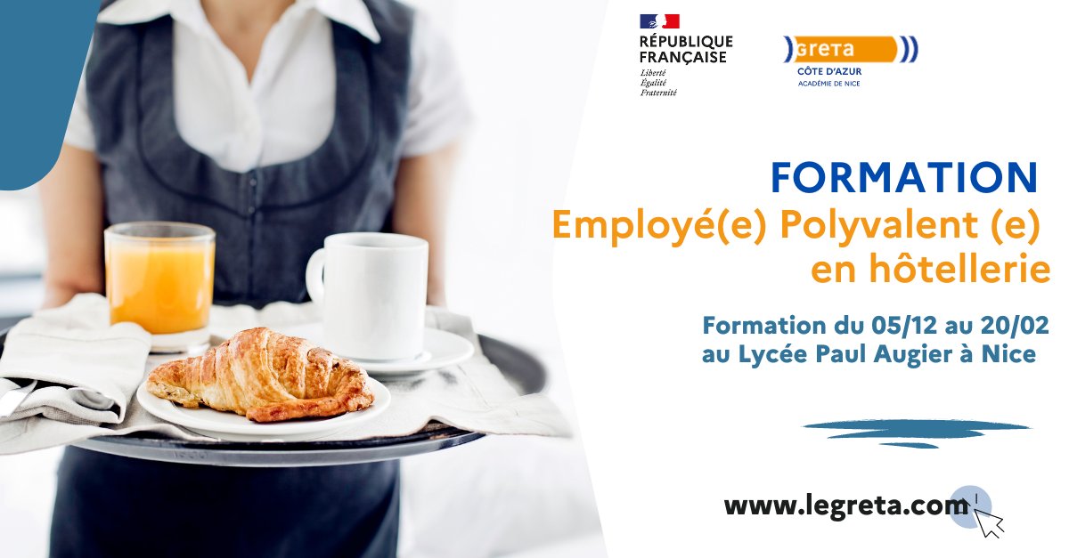 GRETA Côte d'Azur (@gretacotedazur) on Twitter photo ✨ Vous souhaitez vous former aux métiers de l'#Hôtellerie ? Nous vous proposons une #formation "Employé(e) Polyvalent(e) en Hôtellerie" à #Nice. ✅ Formation gratuite et rémunérée pour les demandeurs d'#emploi.
Renseignements ▶ greta.tourismehotellerie-paulaugier@ac-nice.fr ✨ Vous souhaitez vous former aux métiers de l'#Hôtellerie ? Nous vous proposons une #formation "Employé(e) Polyvalent(e) en Hôtellerie" à #Nice. ✅ Formation gratuite et rémunérée pour les demandeurs d'#emploi.
Renseignements ▶ greta.tourismehotellerie-paulaugier@ac-nice.fr
