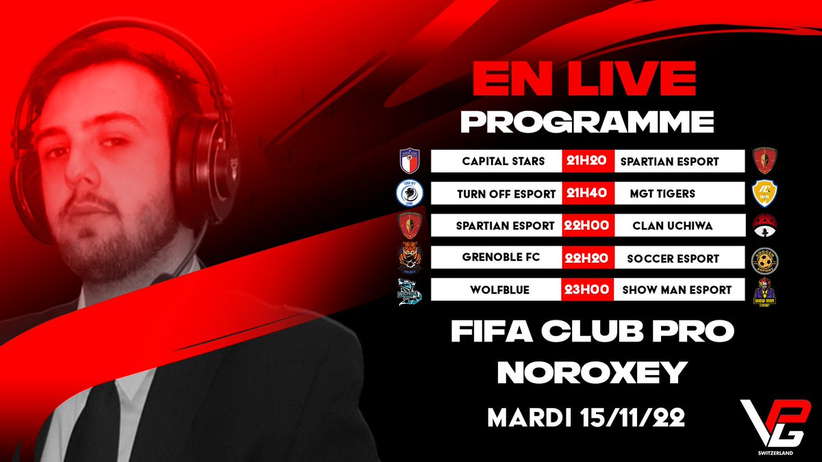 Bonjour à tous ,
Ce soir, c'est VPG SWISS.🇨🇭 
Notre diffuseur favori @NoroxeyTV
Aura le plaisir de commenter en LIVE les rencontres suivantes.
<a href="/StarsCapitale/">capital stars</a>
<a href="/MGTTIGERS/">MGT TIGERS</a>
<a href="/ClanUchiwa_/">Clan Uchiwa</a>
@WolfblueEsport
<a href="/OfficialVPG/">Virtual Pro Gaming</a>
@FBS_CUP
@AVPAFR
@NoroxeyTV
#FIFA23