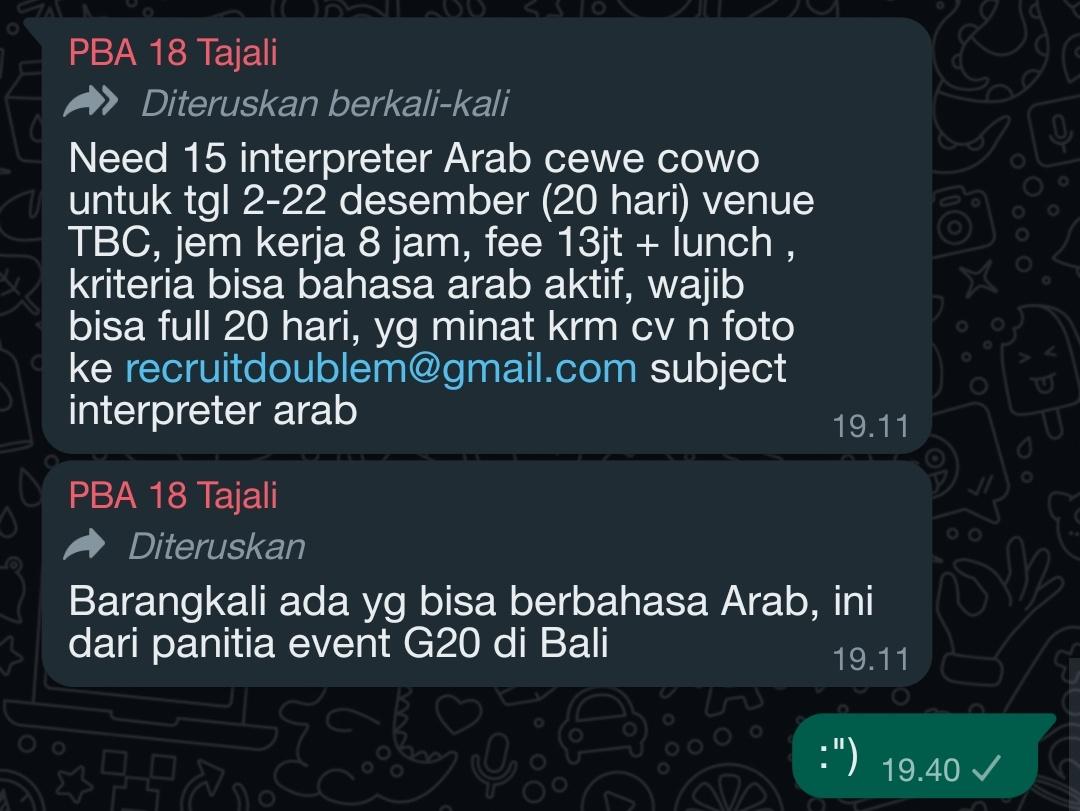 404uswrntfound's tweet photo. GILA GILA, ini baru aja aku teh fyp isinya LO G20 semua, jadi pengen. Eh buka grup angkatan isinya begini hahaha. Tenang, aku tau diri kok belum fluent Arabicnya :) https://t.co/tkKWNugaKd