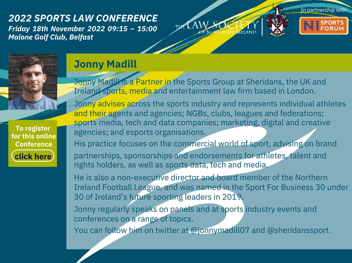 SportsLawCon's tweet photo. We're welcoming back Jonny and Andrew from Sheridan's again this year and we're looking forward to hearing their thoughts on key industry trends in the Sport and Entertainment sector.

🎟️Very few tickets remaining, be quick: https://t.co/7jBTNupRl5 https://t.co/2Sq5fqSzIw