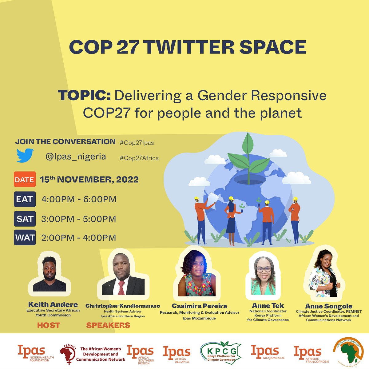 IpasOrg's tweet photo. STARTING SOON!!! Join Ipas and partners for a Twitter Space: 4PM EAT, 2PM WAT, 1PM GMT, 8AM EST. @femnetprog @aycommission @kenya_climate @Ipas_Nigeria @Nimechanuka @Ipasfrancophone @Ipasmoz #COP27 #COP27Ipas #COP27Africa #Partners4ReproJustice https://t.co/2WV6yNMS2t https://t.co/dp6qiLpegc