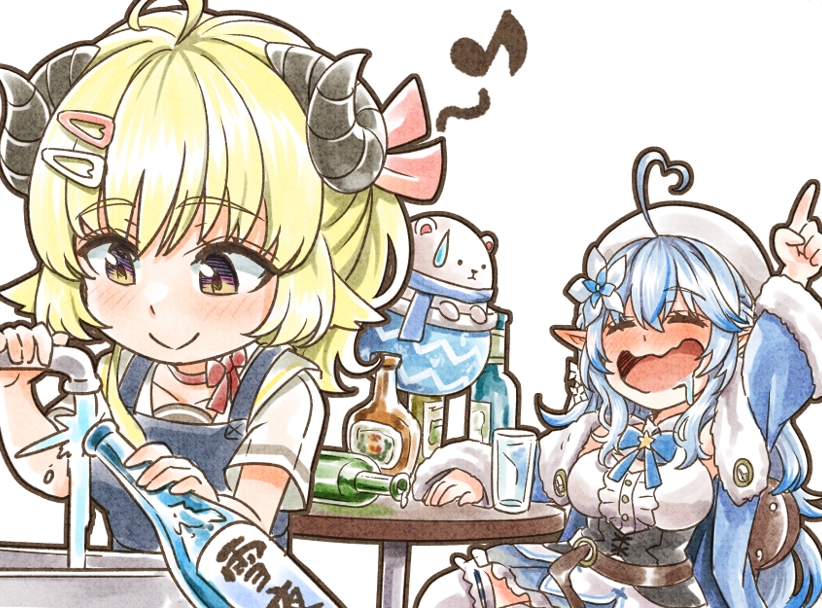 tsunomaki watame ,yukihana lamy multiple girls 2girls blonde hair horns ahoge bottle blue hair  illustration images