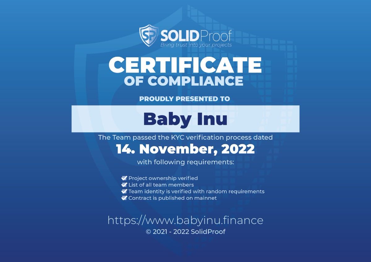 BabyInuCoin's tweet photo. Baby Inu has completed its KYC with solid proof

Link :  https://t.co/qCCx5kd3EC https://t.co/5q5pn4pM51
