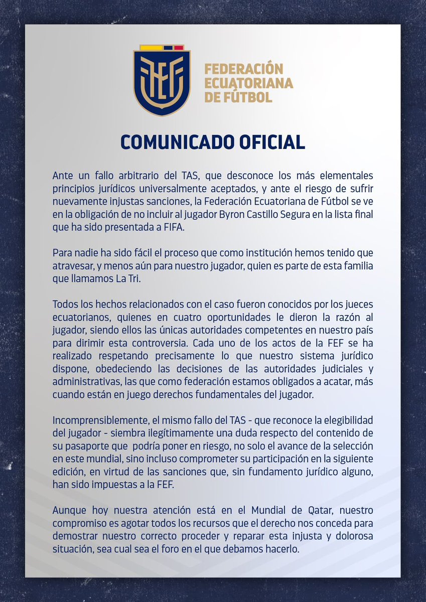 josecarloscresp's tweet photo. Comunicado oficial de FEF en torno a situación de Castillo. 
Anuncia que seguirá peleando por la “arbitraria” decisión del TAS, pero que los tiempos no le dieron para llevarlo con seguridad jurídica a esta @FIFAWorldCup. https://t.co/gY6oC4XRig