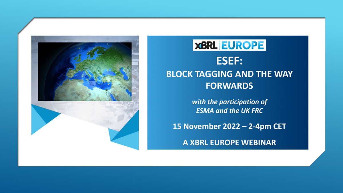 STARTING IN FIVE MINUTES
A webinar XBRL Europe: #ESEF: Block tagging and the way forwards 
Welcome by Bruno Tesnière, Chair XBRL Europe and Gilles Maguet, CEO XBRL Europe.
xbrleurope.org/?p=5945
