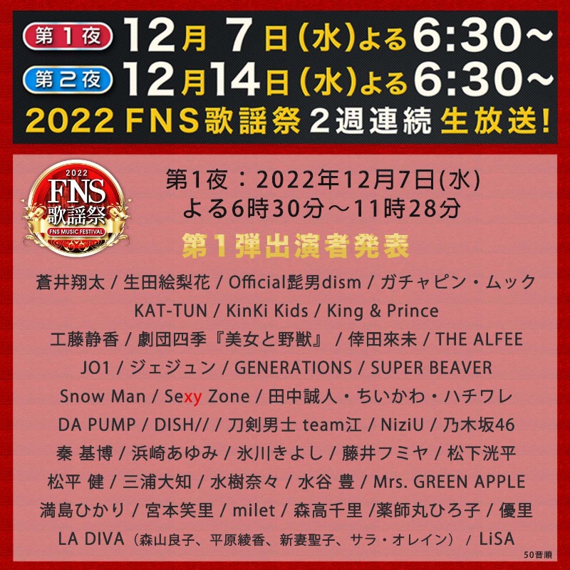 fns_kayousai's tweet photo. 💡2022 #FNS歌謡祭 💡

第１夜:12月7日(水)
18時30分～23時28分📺

🎤司会
#相葉雅紀
#永島優美 アナ

＜第１夜 出演アーティスト＞
#蒼井翔太
#生田絵梨花
#Official髭男dism
#ガチャピン #ムック
KAT-TUN #KATTUN
KinKi Kids #KinKiKids
King &amp; Prince #KingandPrince
#工藤静香

1/4
