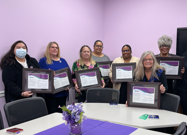 This afternoon, we proudly honored DVCCC team members' milestones in service with a pinning ceremony celebration where they were awarded with certificates and pins of recognition from <a href="/PCADVorg/">PCADV</a> for their years of commitment to our mission!