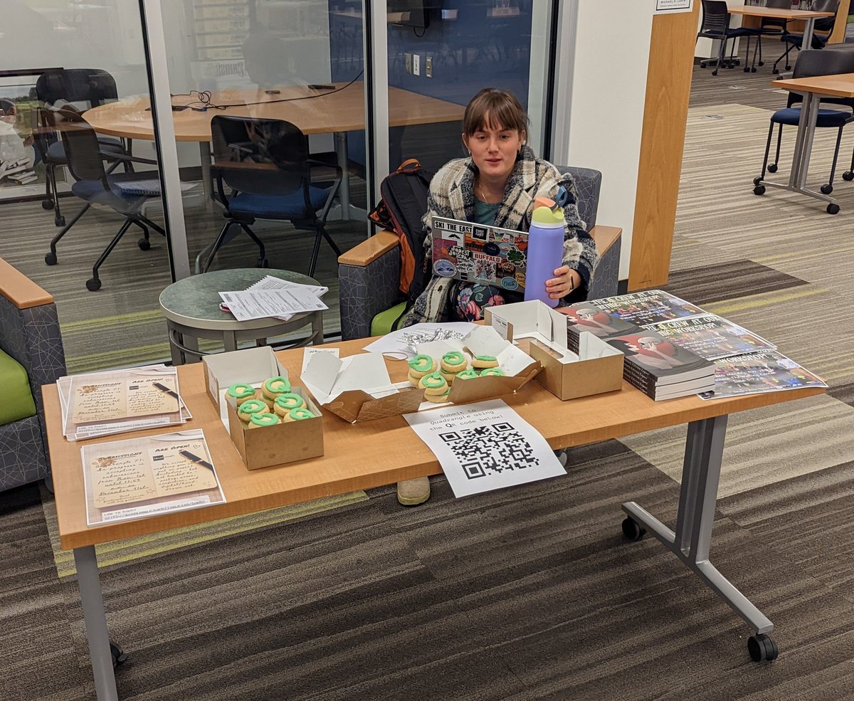 hugginfool's tweet image. If you're interested in writing for the @QuadrangleMag stop down and see Grace. She has snacks as well.