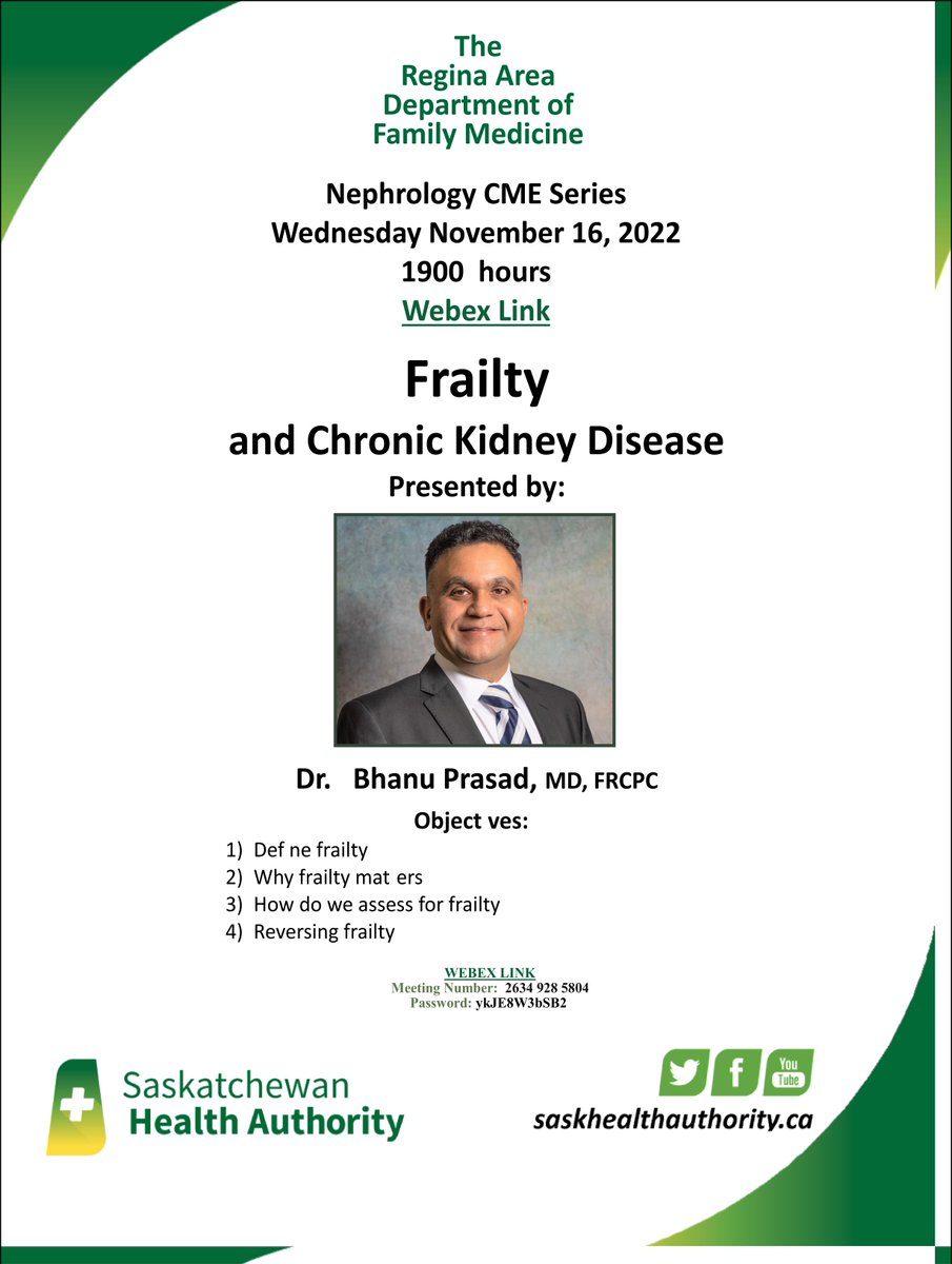 LPHS_Regina (@lphs_regina) on Twitter photo Join us Nov16, 7pm SK Time #CME #Nephrology Series "#Frailty and #ChronicKidneyDisease, Speaker: <a href="/Bhanu2405/">Bhanu Prasad</a> Join the link: skhealth.webex.com/wbxmjs/joinser… Join us Nov16, 7pm SK Time #CME #Nephrology Series "#Frailty and #ChronicKidneyDisease, Speaker: <a href="/Bhanu2405/">Bhanu Prasad</a> Join the link: skhealth.webex.com/wbxmjs/joinser…