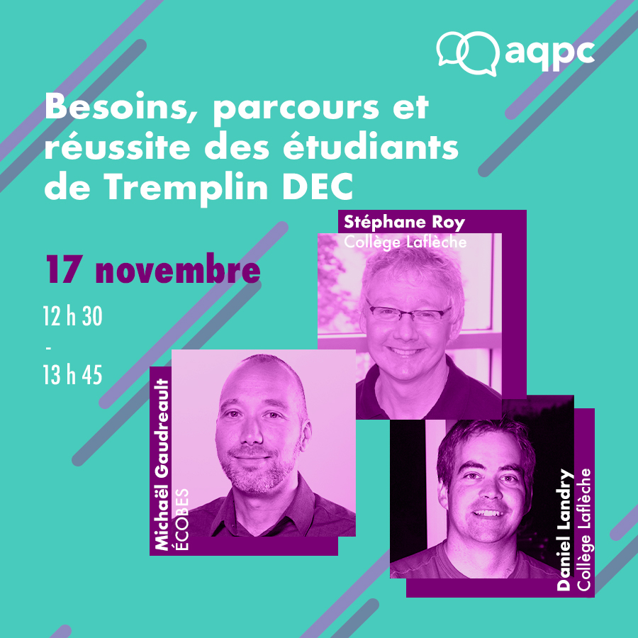 |💻 Webinaire: 17 novembre |
Un portrait instructif pour bien cerner les besoins de la population étudiante à son arrivée au cégep, avec une attention particulière sur les facteurs de motivation et d’allongement des études.
Gratuit et ouvert à tous !
aqpc.qc.ca/fr/en-cours