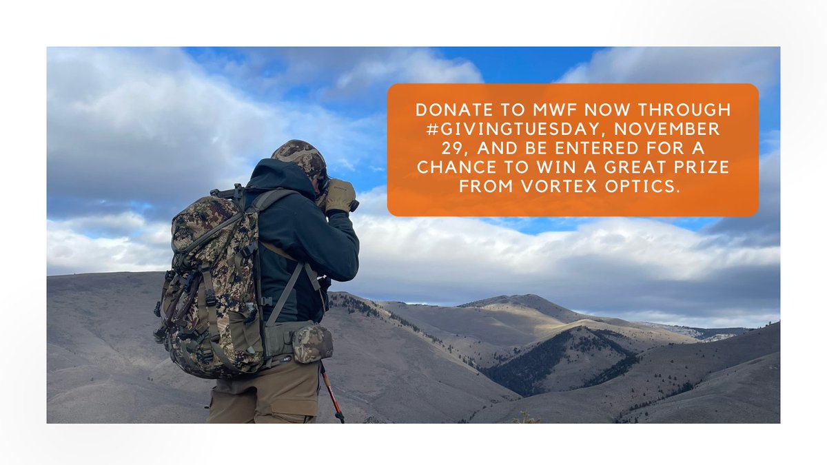 MTWildlife's tweet photo. #GivingTuesday is a global movement to give back to the causes that are most important to you and your community. Help us kick off our #FallGiving and donate to MWF now through #GivingTuesday, and be entered for a chance to win a prize from @VortexOptics.
https://t.co/sDrNQLO68I https://t.co/UEsNhBMtNJ