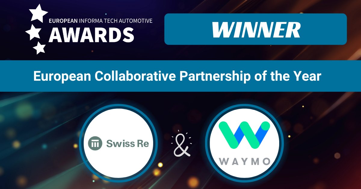 WardsAuto's tweet image. 🌟 Announcing the winner for the European Informa Tech Automotive Awards 🌟 Congratulations to the winner for the European Collaborative Partnership of the Year, @SwissRe  &amp;amp; @Waymo! #AutoTechEurope