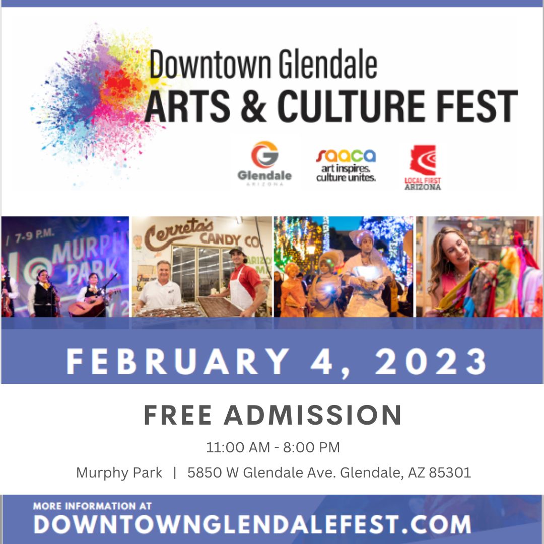 Mark your 📆 February 4, 2023 11-8PM & to celebrate #Arizona's diverse #arts #culture. @artsaz, @LocalFirstAZ & @GlendaleAZ will bring 100+ #artists #musicians and interactive arts experiences to #DTGlendale. 
Details: bit.ly/3O5TlC8  #SB57 #performer #makermarket #music